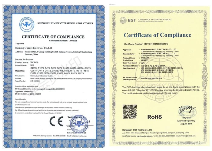 certification of GPH241T5L UV lamp 11w